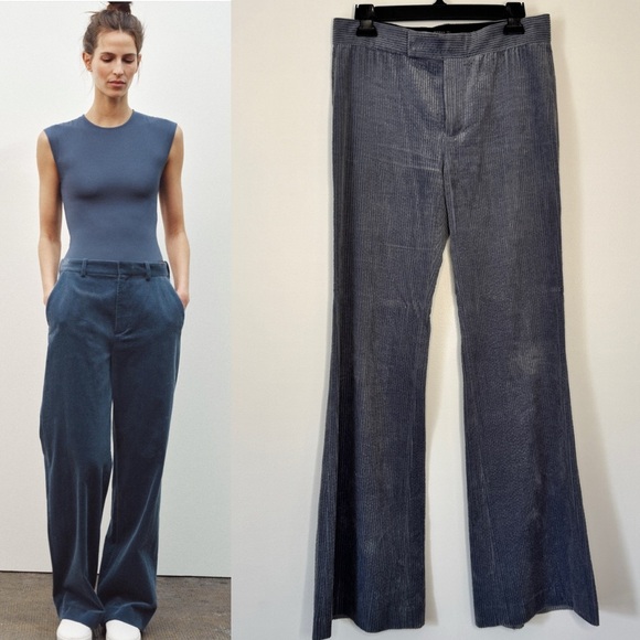 Zara Woman Pants Straight Leg Corduroy Trousers Slacks Blue Gray Zip Pockets S - Picture 1 of 15